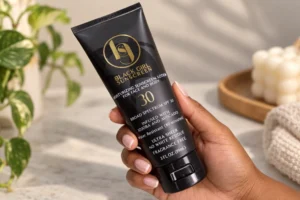 black girl sunscreen spf 30 in a cozy setting