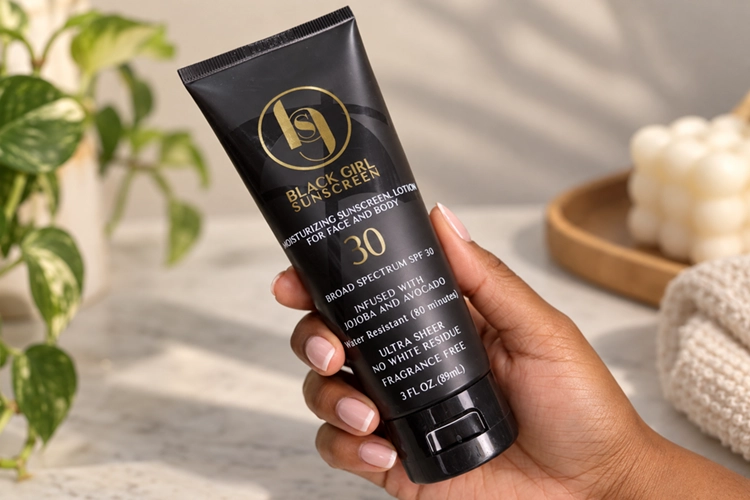 black girl sunscreen spf 30 in a cozy setting