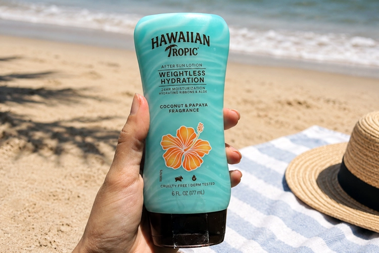clear squeeze bottle of hawaiian tropic after sun lotion