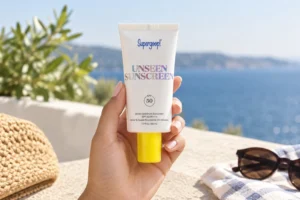 squeezable plastic tube of supergoop unseen sunscreen spf 50